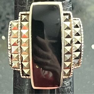 Vintage estate black onyx marcasite Sterling Silver cocktail statement ring